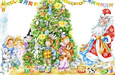 Children and Santa around the Christmas tree clipart