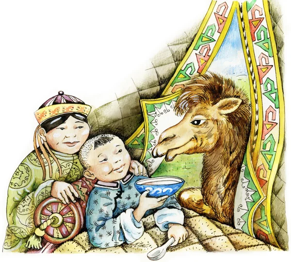 Монгольський хлопчик і верблюд — стокове фото