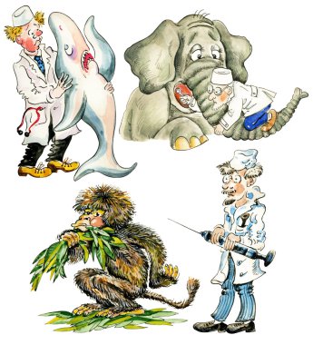 Cartoon veterinarians with different animals clipart