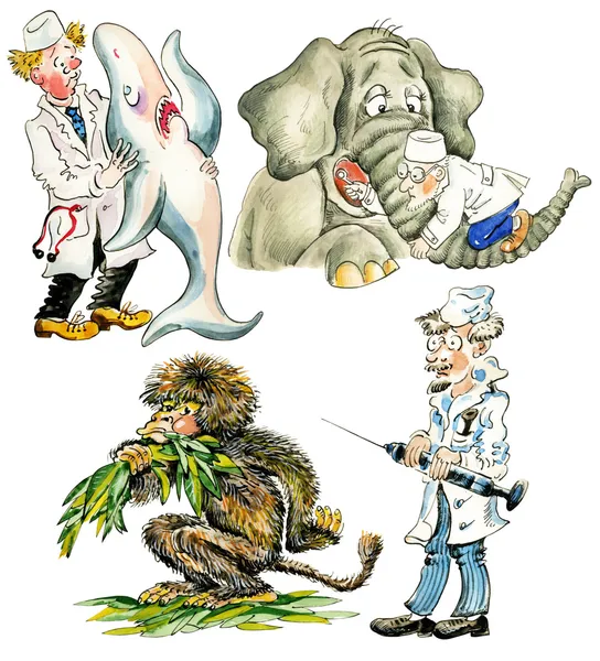 Cartoon veterinarians with different animals — Stock Photo, Image
