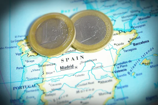 España mapa y monedas en euros —  Fotos de Stock