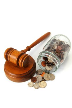 Gavel and assorted coins clipart