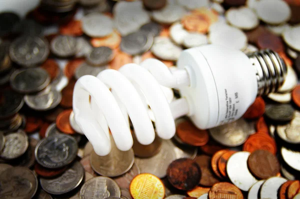 Compact fluorescent light bulb and european currency — Stock Photo, Image