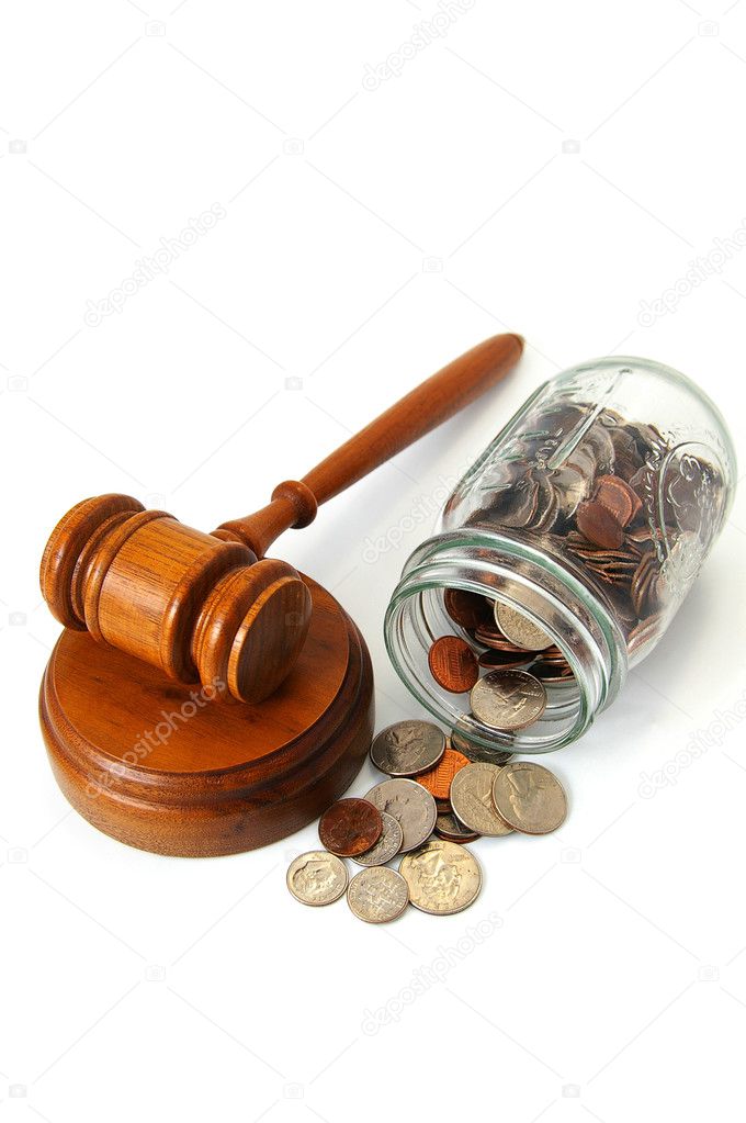 Gavel and assorted coins