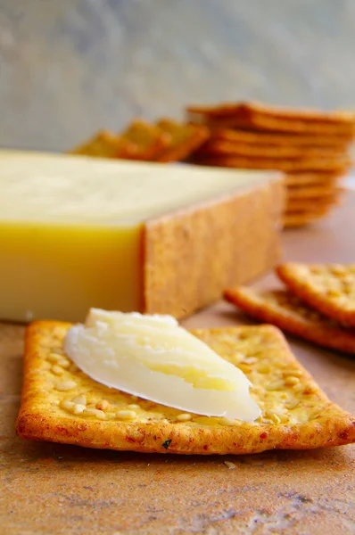 stock image Closeup of cheese and cracker, with Gourmet Olives