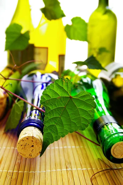分類されたワインのボトルとブドウのつるのコルク栓 — ストック写真