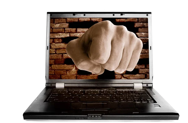 Laptop screen with fist — Stock Photo, Image