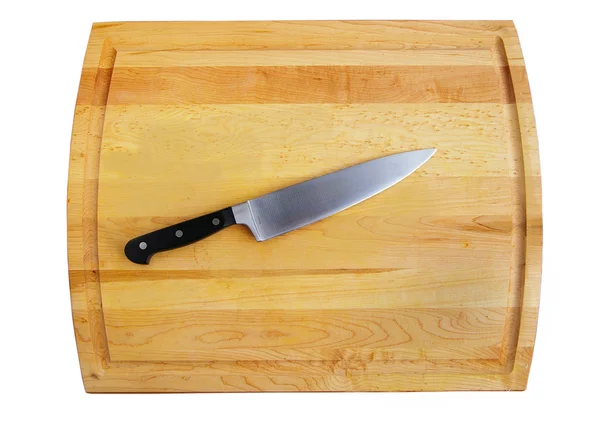 stock image Array of kitchen knives on a wooden cutting board