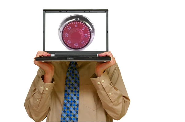 Hombre sosteniendo un ordenador portátil con una combinación de bloqueo —  Fotos de Stock