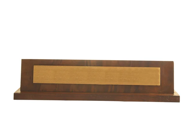 Placa de identificação de madeira em branco isolada no fundo branco — Fotografia de Stock