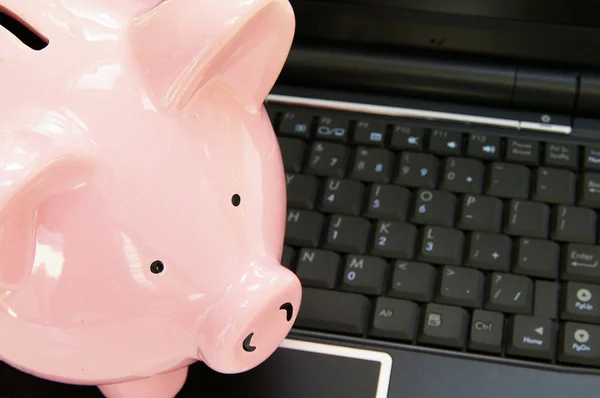 stock image Piggy bank on a computer - online banking concept