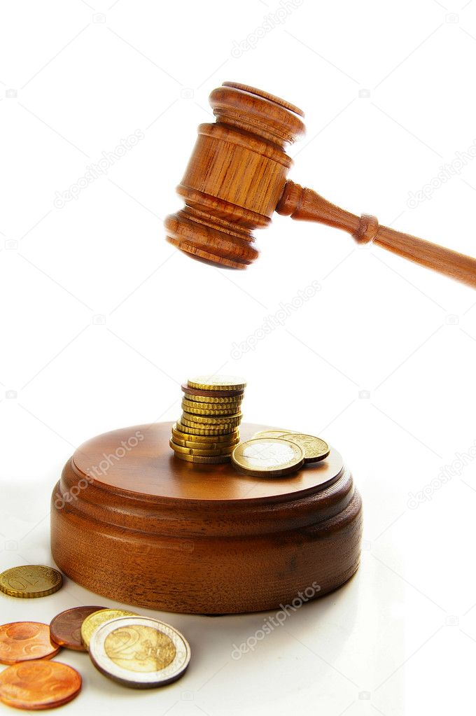 Euro coins and court gavel