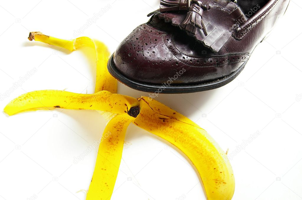 Man about to step on a banana peel, from above