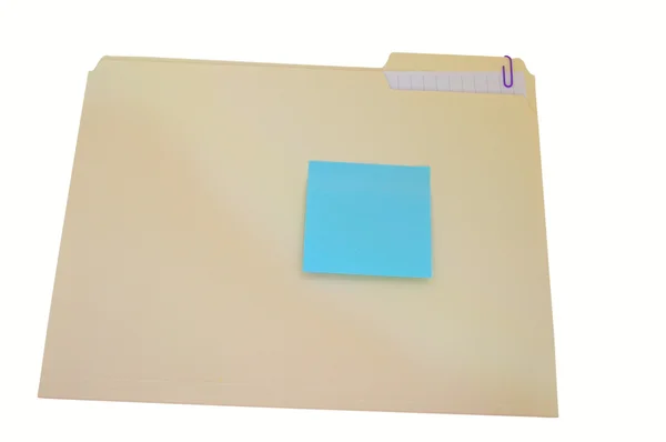 Descrição: Sticky note on a plain folder with paperclip, isolated on white with clipping path — Fotografia de Stock