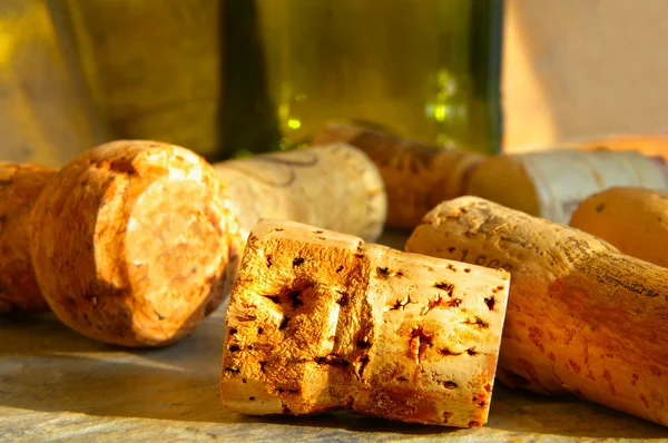 Assorted sunlit wine corks and green bottle — Stock Photo, Image