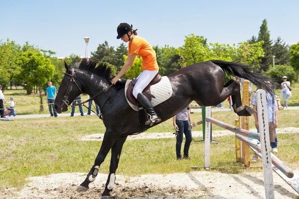 Jockey et cheval noir sautant — Photo