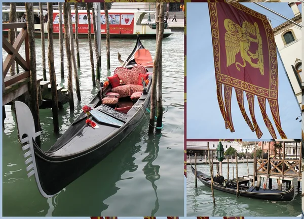 Venetianska gondolen båtar och flagga — Stockfoto