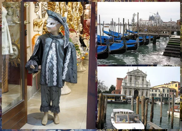 Venetian carnival costumes, gondola boats & church — Stock Photo, Image