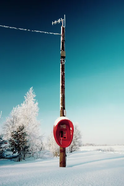 Nepoužitý červený telefon visí na sloupu v zimě oboru — Stock fotografie