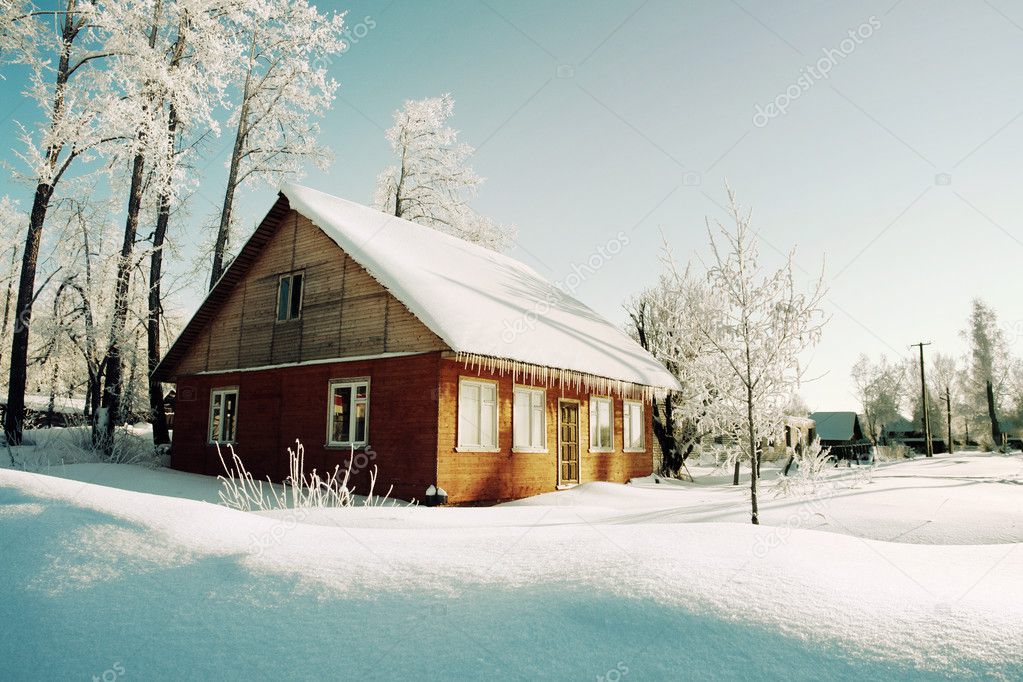 Trees in hoarfrost and red house on morning of winter village