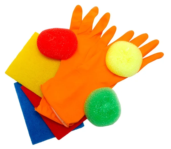 Kit voor schoonmaak (rubberen handschoenen, sponzen, servetten) geïsoleerd op een — Stockfoto