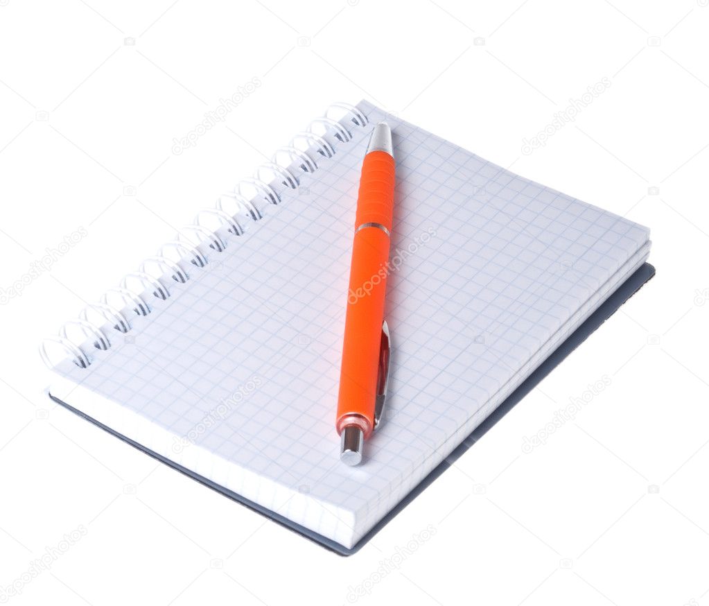 Orange pen and notebook (isolated).