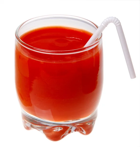 A glass of tomato juice and a straw isolated on a white backgrou — Stock Photo, Image