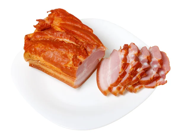 Carne de porco cortada (bacon), isolada sobre fundo branco . Fotos De Bancos De Imagens Sem Royalties