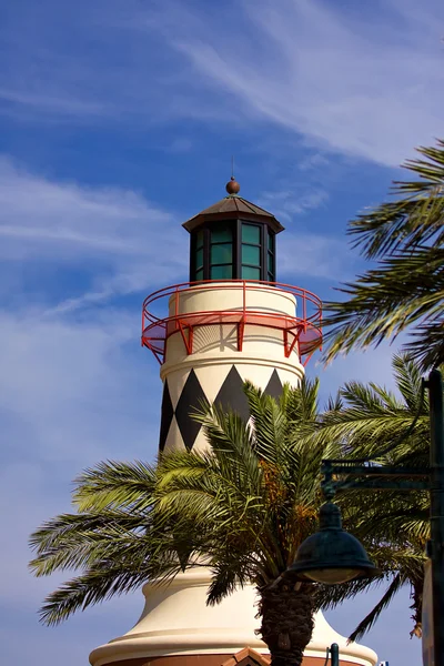 Beautiful lighthouse over blue sky and palm trees — Stock Photo, Image
