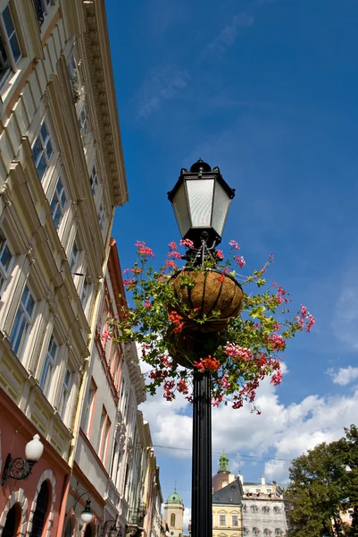 Staré pouliční lampy s květinami — Stock fotografie