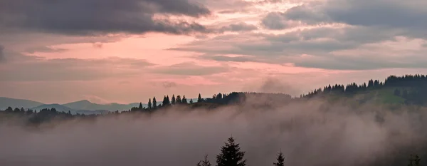 Mlhavé ráno kopcovité oblasti s paprskem světla — Stock fotografie