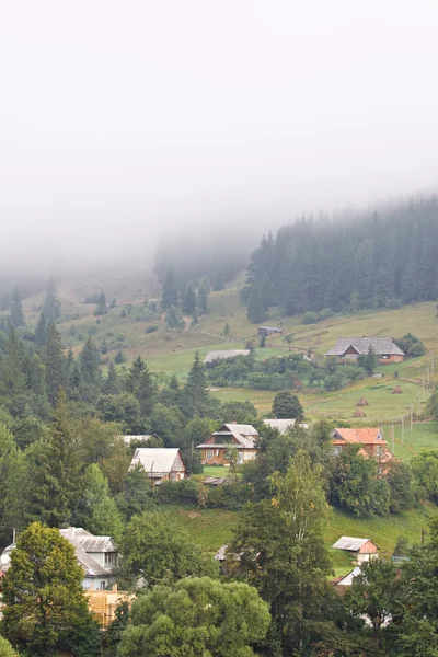 Mountain farmland at foggy morning — Stock Photo, Image