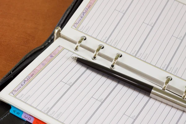 Άνοιγμα σημειωματάριου με στυλό — Φωτογραφία Αρχείου