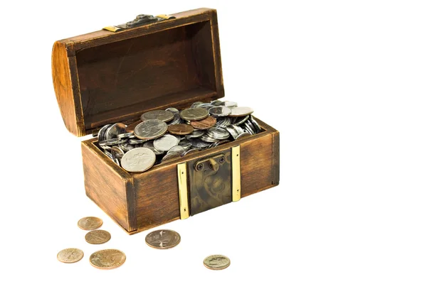 Wooden chest with coins — Stock Photo, Image