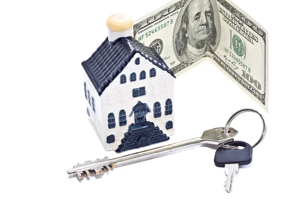 Pénz, a ház és a kulcs — Stock Fotó