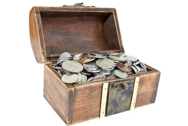 stock image Opened wooden chest with different coins in it