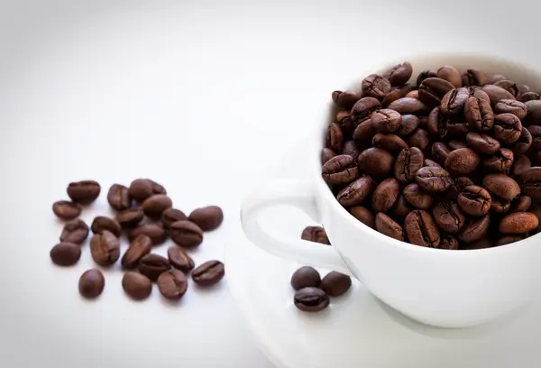 コーヒー豆とホワイトカップ — ストック写真