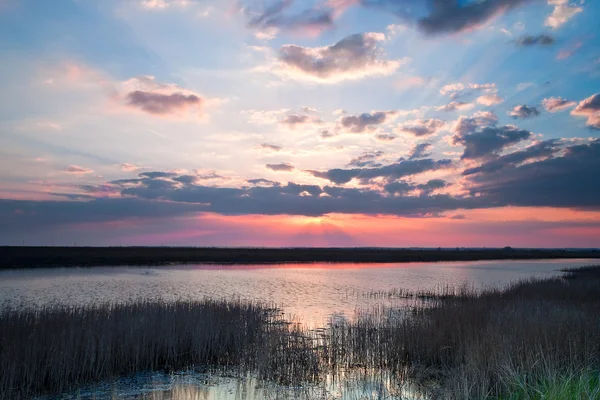 Закат на берегу озера — стоковое фото