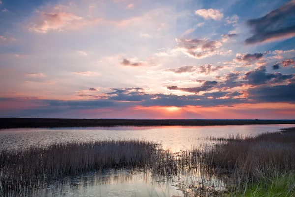 夏の湖で夕焼け — ストック写真