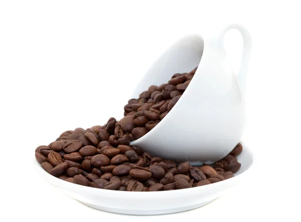 커피콩이 들어 있는 하얀 컵 — 스톡 사진
