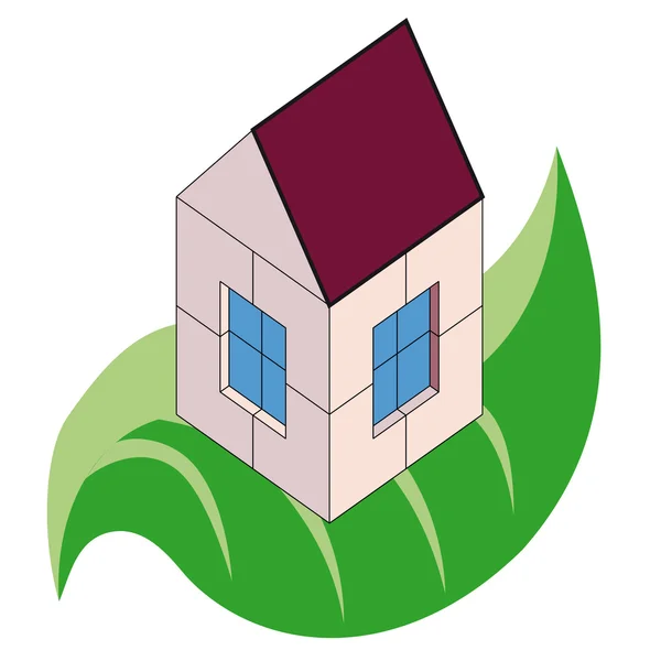 Klein huis over groen blad — Stockvector