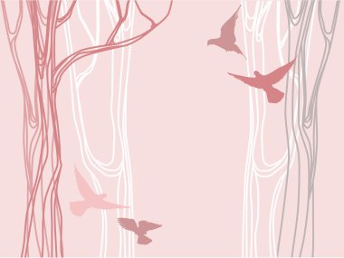 Abstract forest with trees silhouettes and flying birds clipart