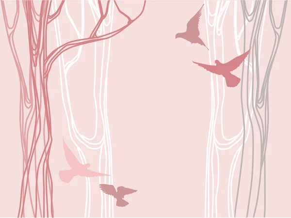 Floresta abstrata com silhuetas de árvores e pássaros voadores — Vetor de Stock
