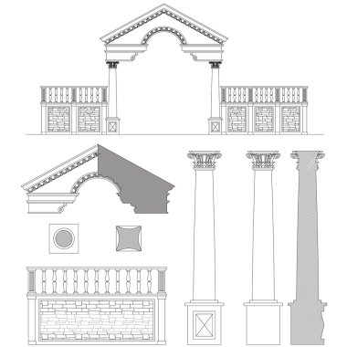 Ionic column, gate and fence set clipart