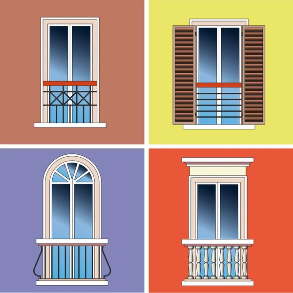 Vier klassische Typen französischer Balkone über Stuck-Hintergrund — Stockvektor