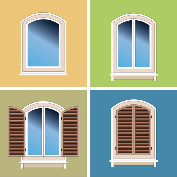 Four classical types of arched windows over stucco background — Stock Vector