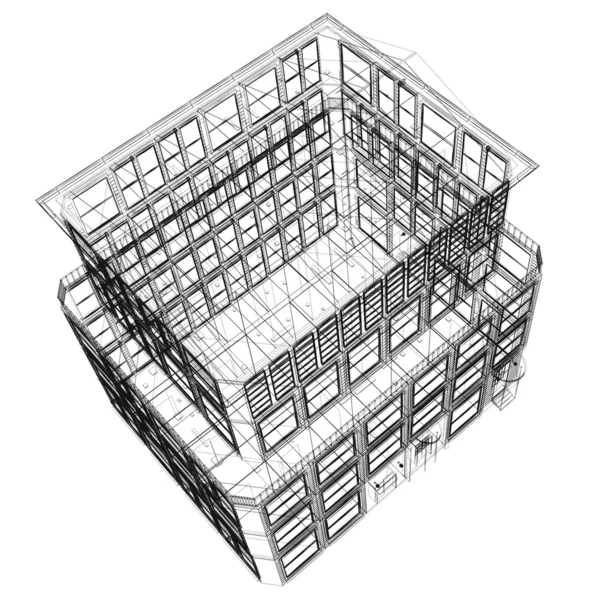 ワイヤ フレーム 7 階建ての建物の上からのパース ビュー — ストック写真