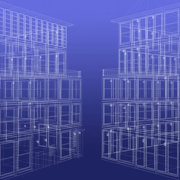 Dois edifícios renderizados wireframe — Fotografia de Stock