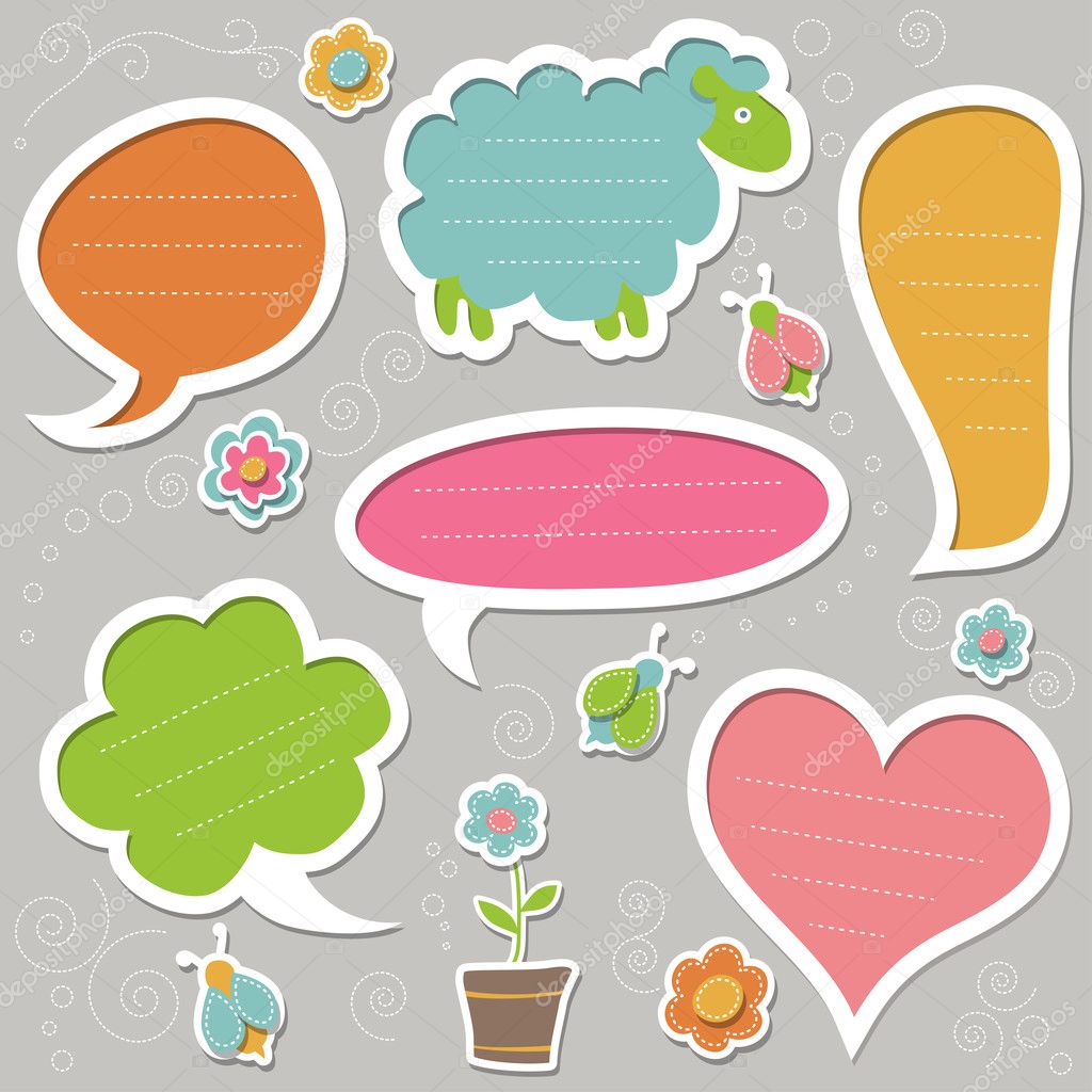 Set of speech bubbles, decorated with bugs and flowers. Cute frames. Vector design elements