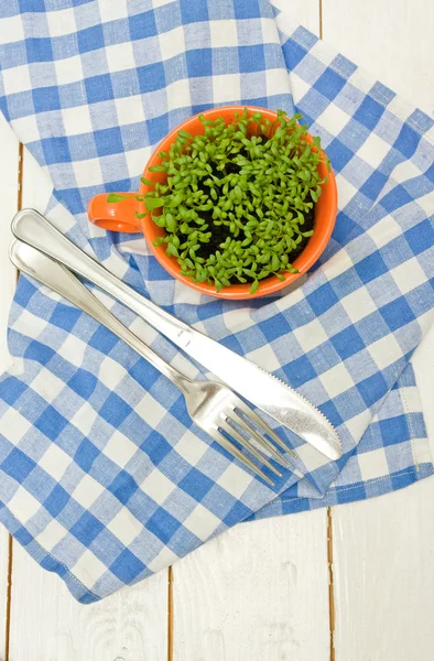 Sprouts of cress in an orange cup, fork and knife on checkered napkin — Stock Photo, Image